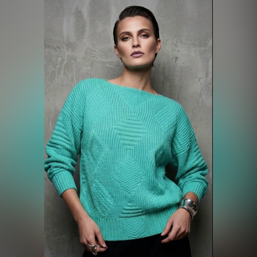 Deadstock Vintage 1980s Kenneth Too! Aqua Green Geometric Knit Sweater Sz L